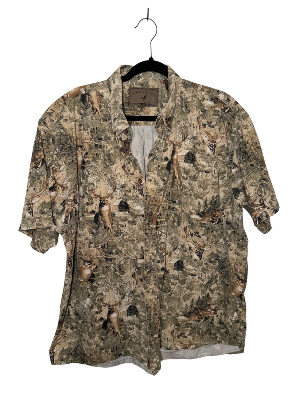 Hunting-Print Short Sleeve Button-Down Shirt - Tan & Green
